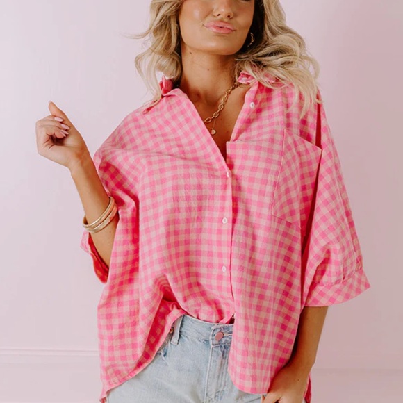 entro Tops - Entro Pink Checkered Oversized Buttom Down Short Sleeve Women's Top Trendy Small